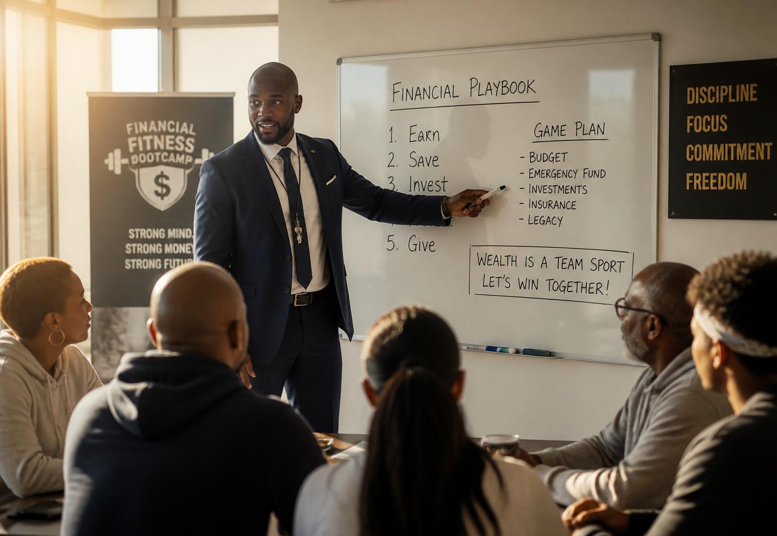 Financial coach leading a community workshop at a whiteboard